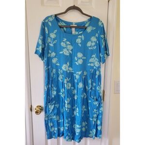 Coldwater Creek Blue Floral Rayon Midi Dress XL Short Sleeve Pockets Tie Back